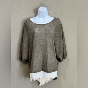 A'REVE Kimono Sleeve Cream Lace Bottom Tie
Back Brown Knit Top Size L